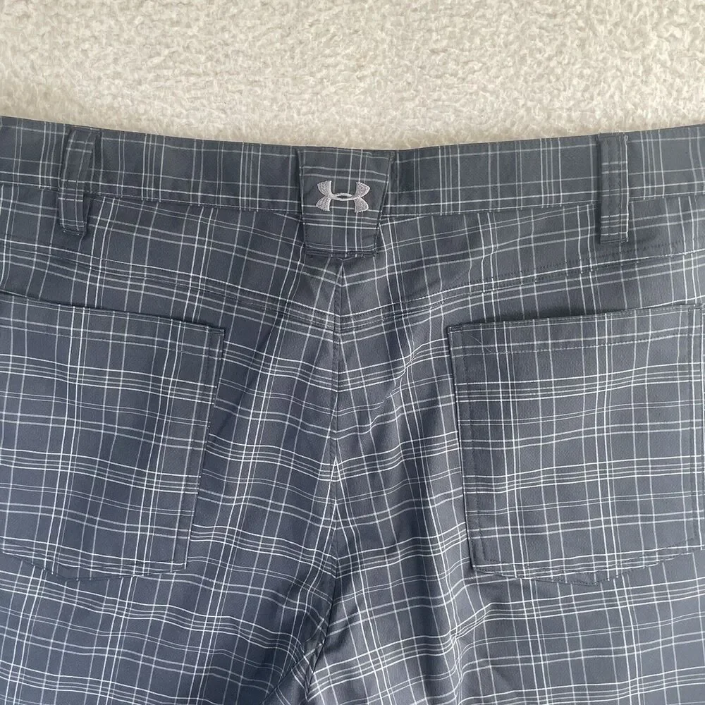 Under Armour Golf Shorts Mens Sz 38 Black Check Chino Flat Front Performance